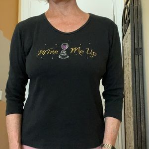 3/4 sleeve u neck black wine motif t shirt with rhinestones L